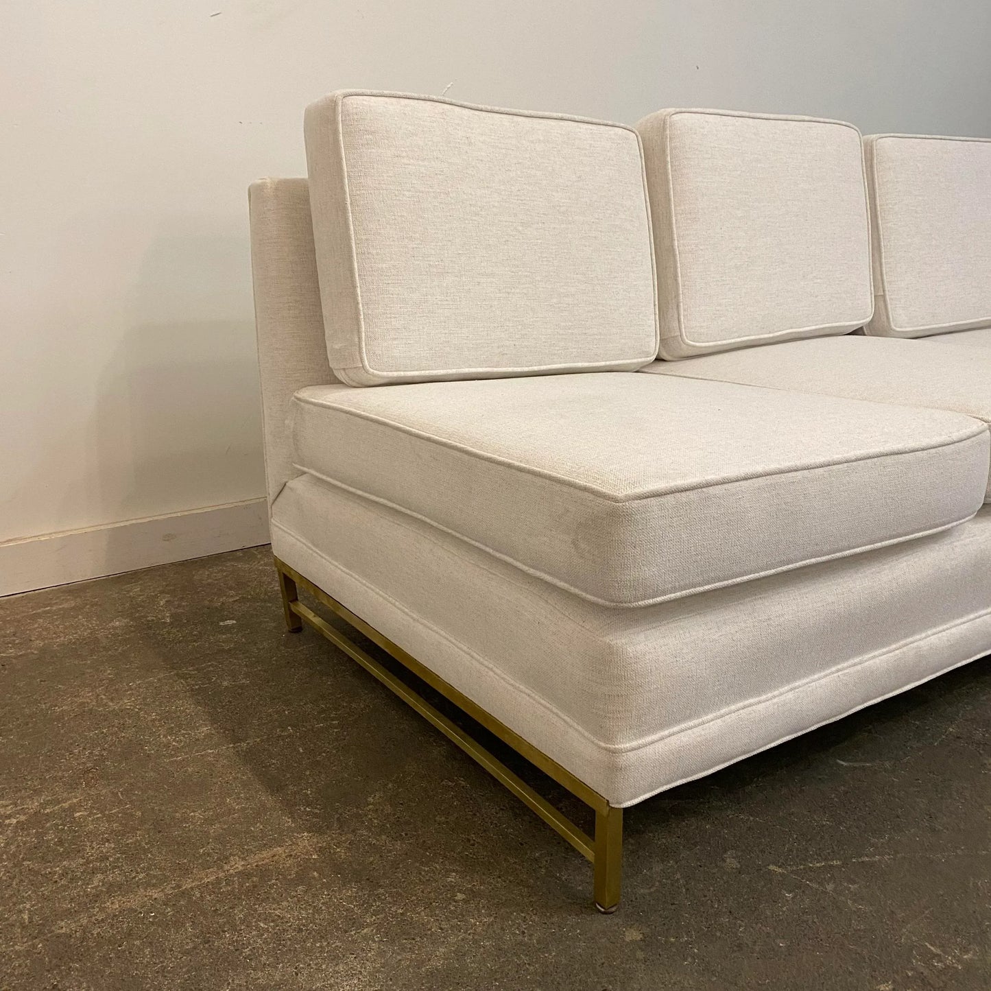 Reupholstered Mid Century Modern Paul McCobb Sectional Sofa with Travertine Top Side Table