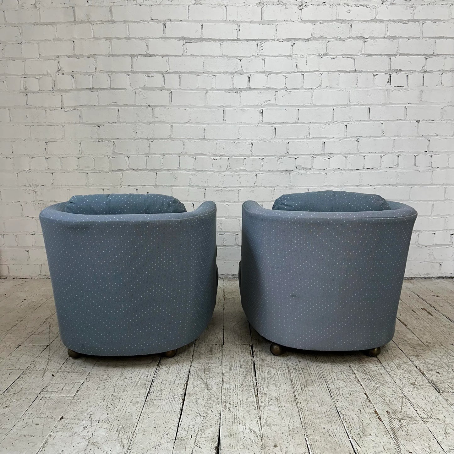 Pair of Drexel Blue Barrel Back Chairs on Casters