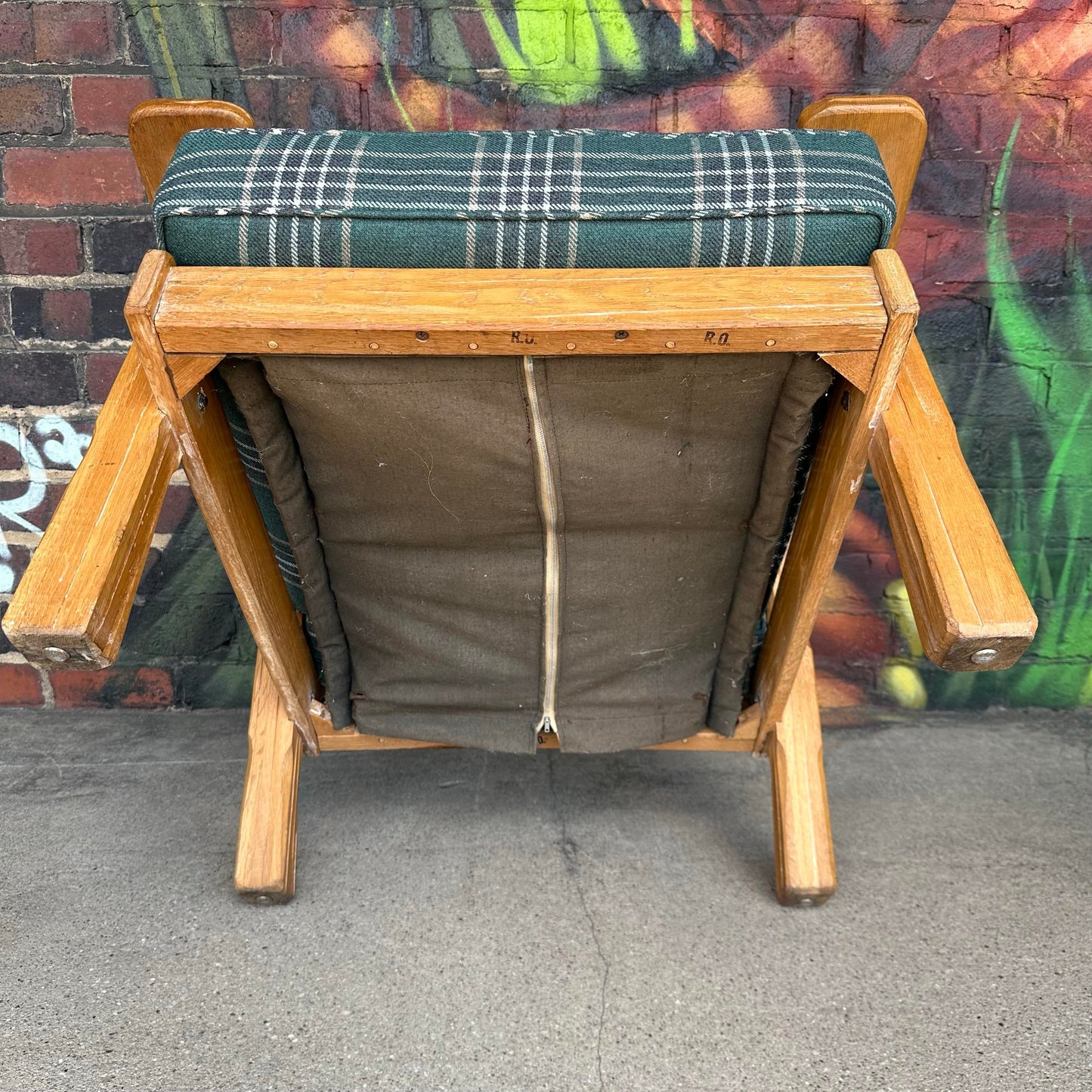 Pair of Ranch Oak Lounge Chairs Reupholstered in Plaid From Pindler