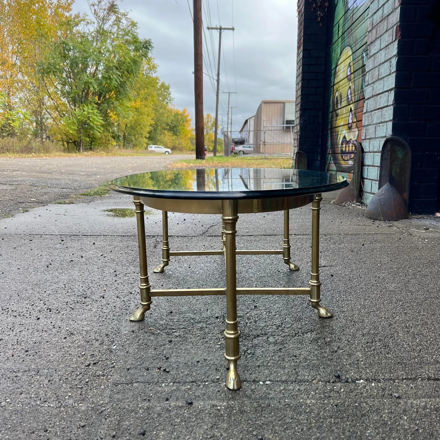 Large Racetrack Labarge Glass and Brass Oval Coffee Table