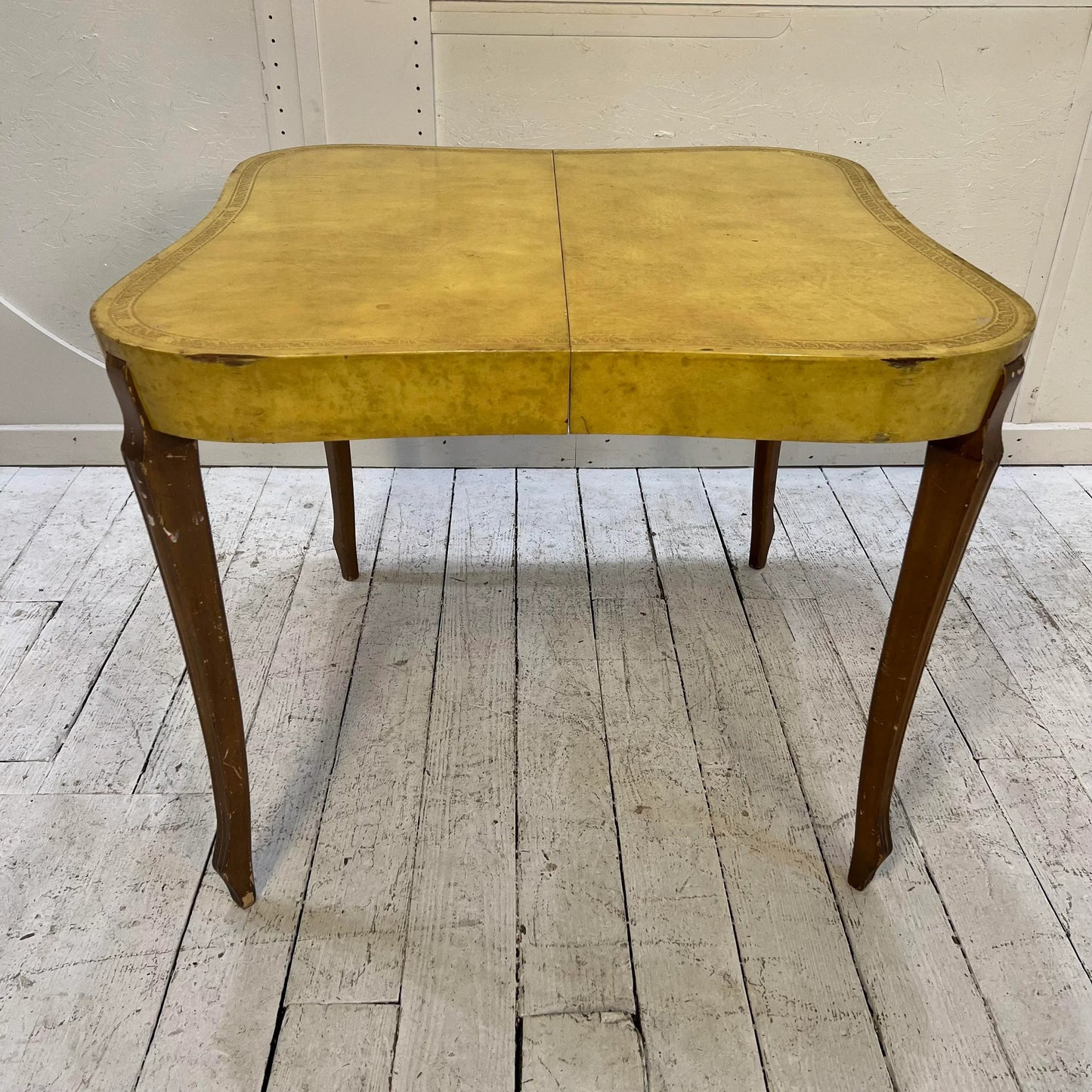 European Yellow Leather Wrapped Dining Table with Gold Trim