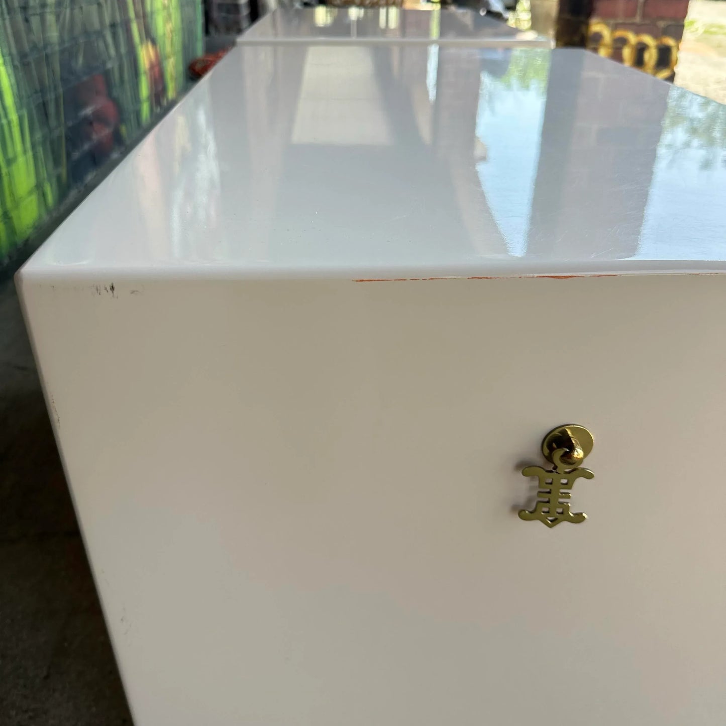 Pair of Light Pink Lacquered Nightstands Brass Hardware Western Furniture Company