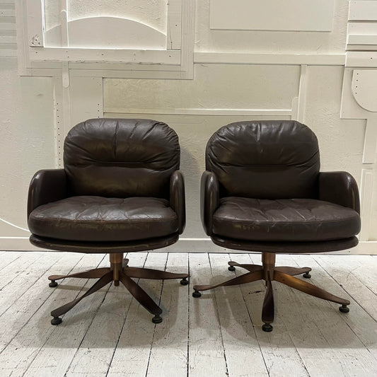Brown Leather and Brass Propeller Base Arm Chairs by Mueller Furniture