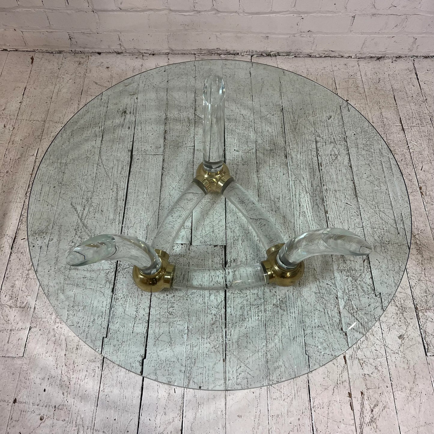 Karl Springer Style Post Modern Circular Glass Coffee Table Lucite and Brass