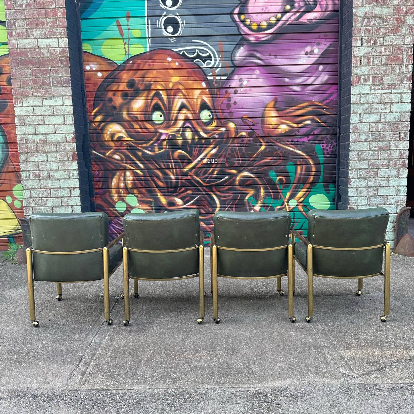 Set of 4 Tubular Brass and Leather Chairs on Wheels