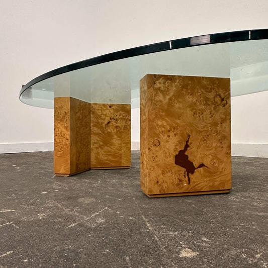 Baughman Style Burl Wood and Glass Oval Coffee Table