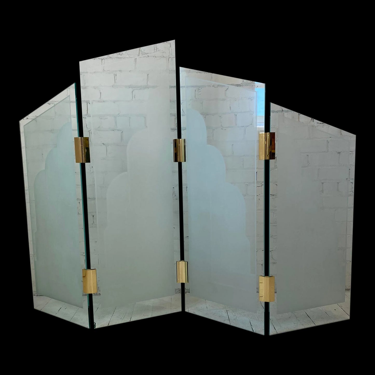 1970s Art Deco Style Glass Divider Sandblasted Glass With Brass Hardware