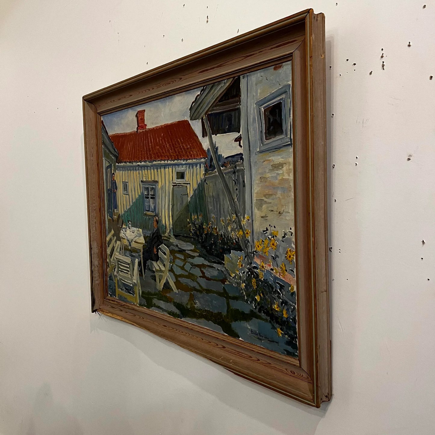 Mid Century Courtyard Oil Painting Husband and Wife