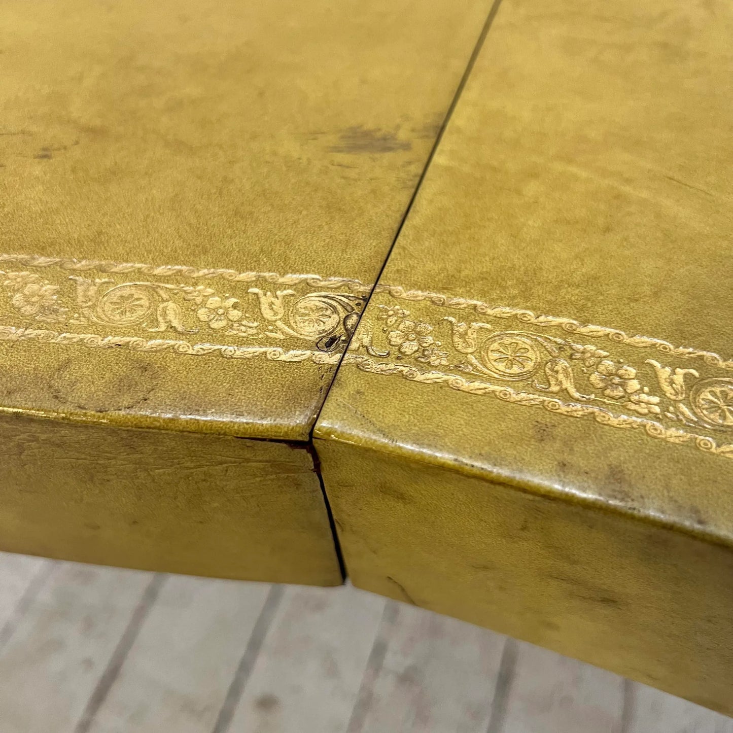 European Yellow Leather Wrapped Dining Table with Gold Trim