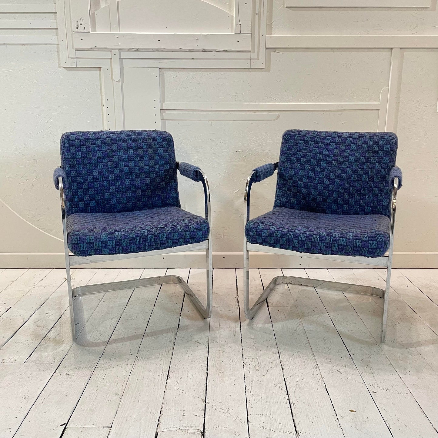 Mid 20th Century Milo Baughman Chrome and Blue Chairs - a Pair
