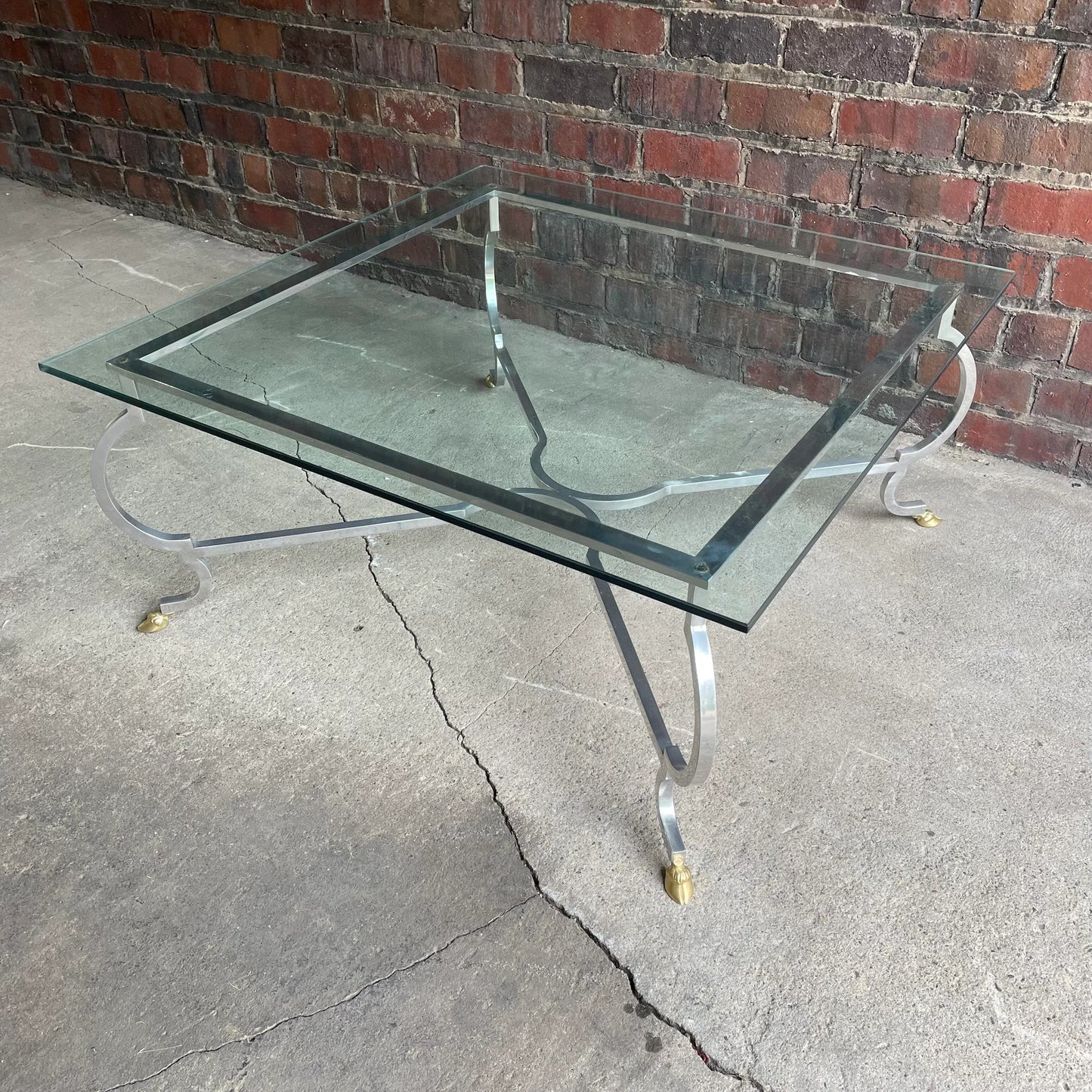 Mid 20th Century Square Chrome and Brass Hoof Base Coffee Table with Glass Top