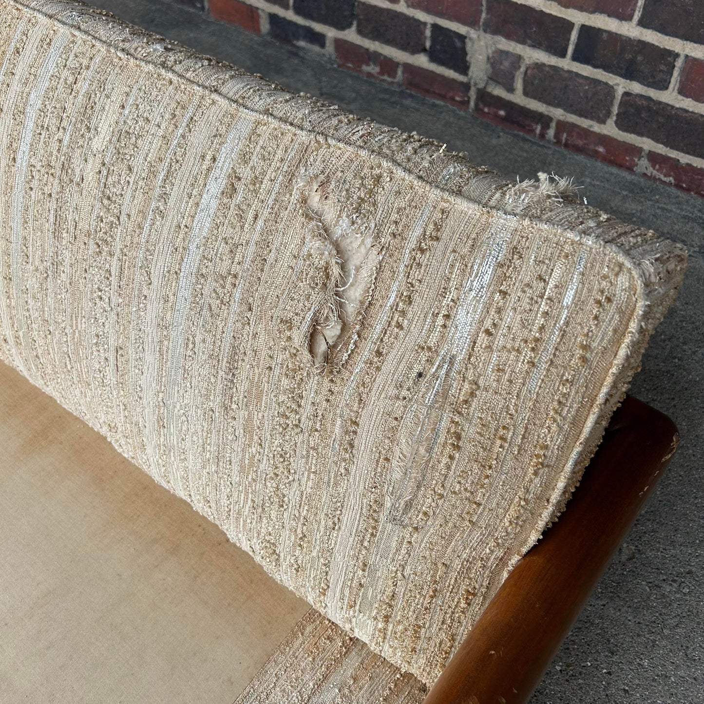 T. H. Robsjohn Gibbings Style Walnut Framed Sofa With Brass Legs