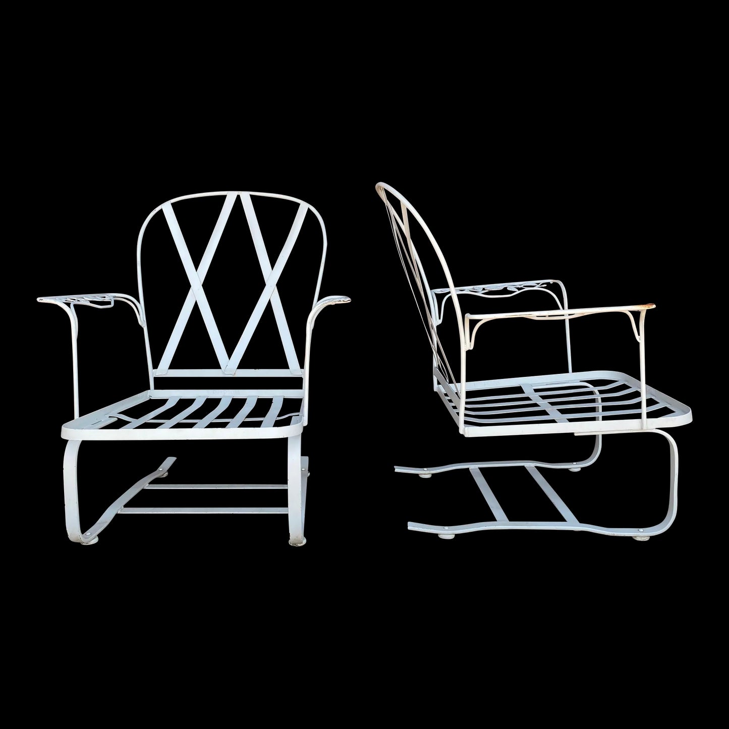 Mid Century Modern Pair of White Woodard Outdoor Patio Bouncers Chattily Rose Pattern