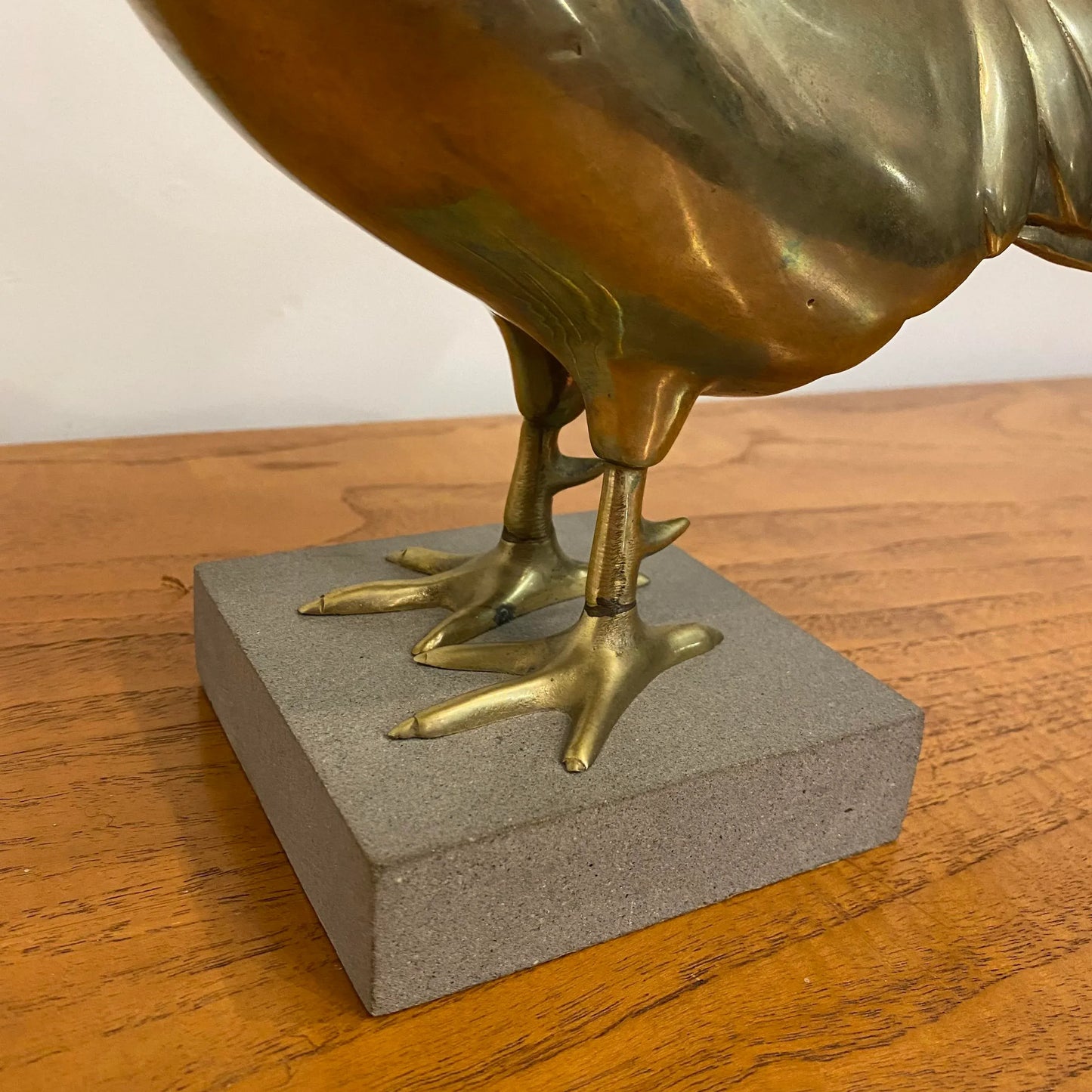 Large Italian Brass Rooster Chicken Statue on Stone Base