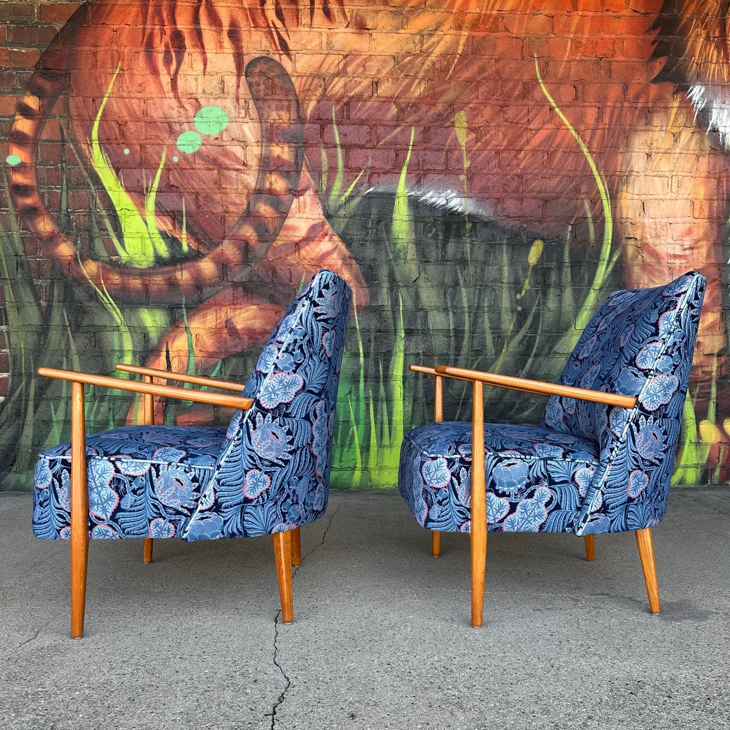 Pair of Mid Century Modern Klaus Haapaniemi & Co. Iceflower Blue Fabric Chairs