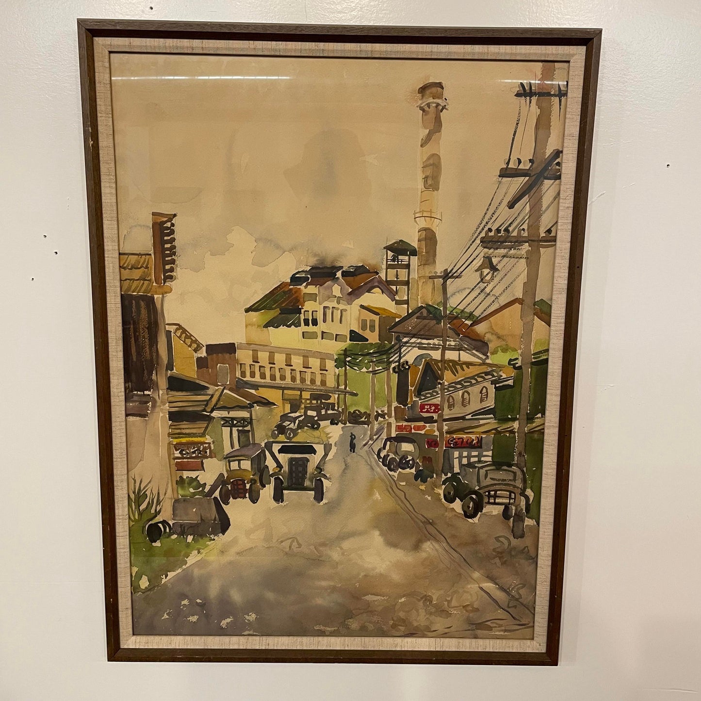 Mid 20th Century Modernist City Scene Watercolor Painting, Framed