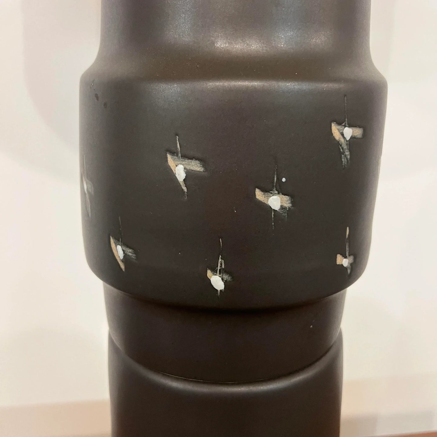 Large Martz Ceramic and Walnut Table Lamp Original Shade and Finial