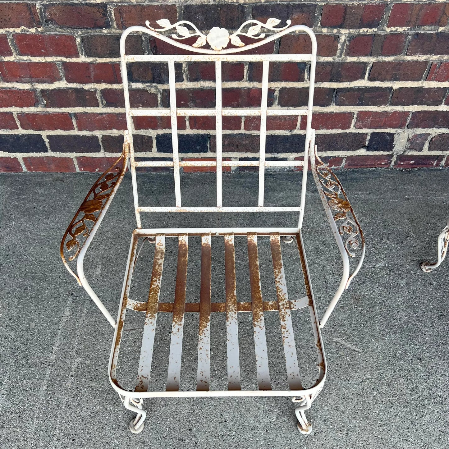 1950s Woodard Lounge Chair and Ottoman Chantilly Rose Pattern Wrought Iron Chair & Ottoman, Attributed