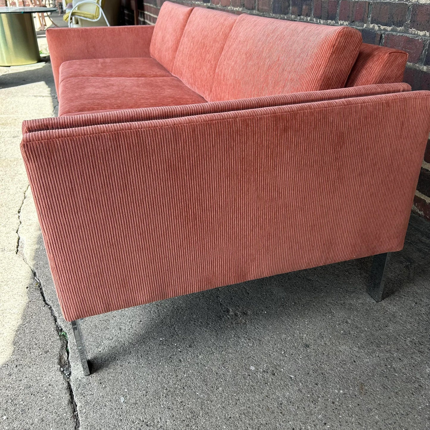 Reupholstered Milo Baughman Style Chrome Sofa in Crypton Salmon Corduroy