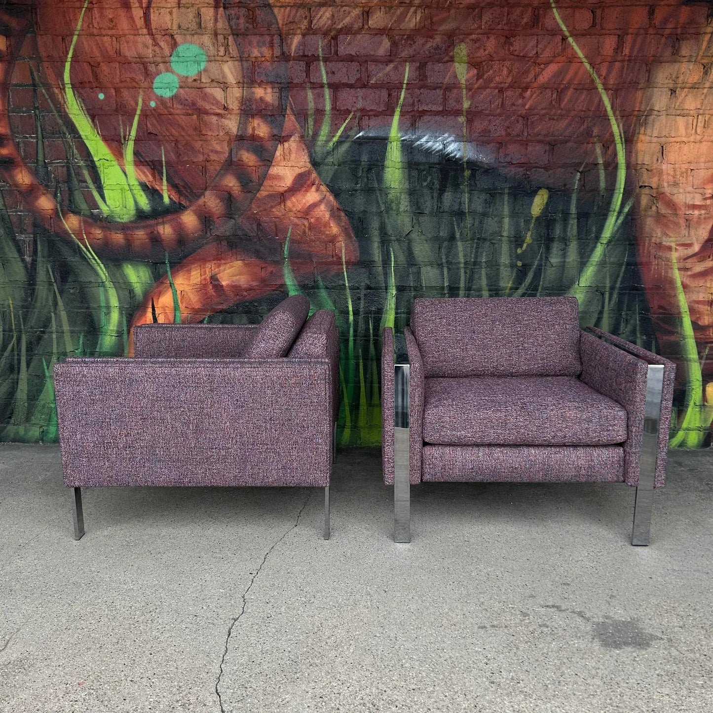 Pair of Chrome Cube Club Chairs Newly Upholstered in a Great Multi Color Texture Fabric