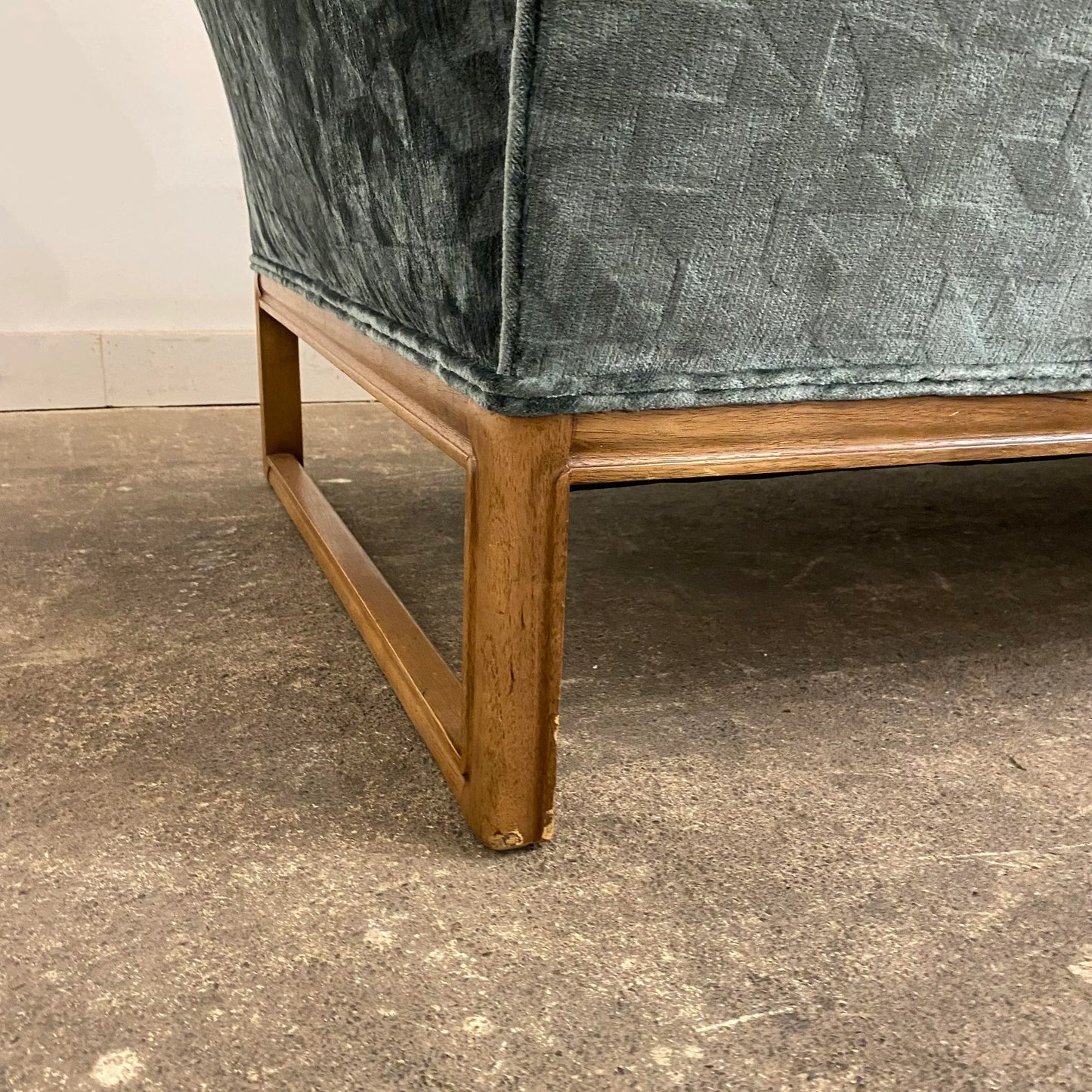 Reupholstered Mid Century Modern Sofa Done in a Geometric Cut Velvet.