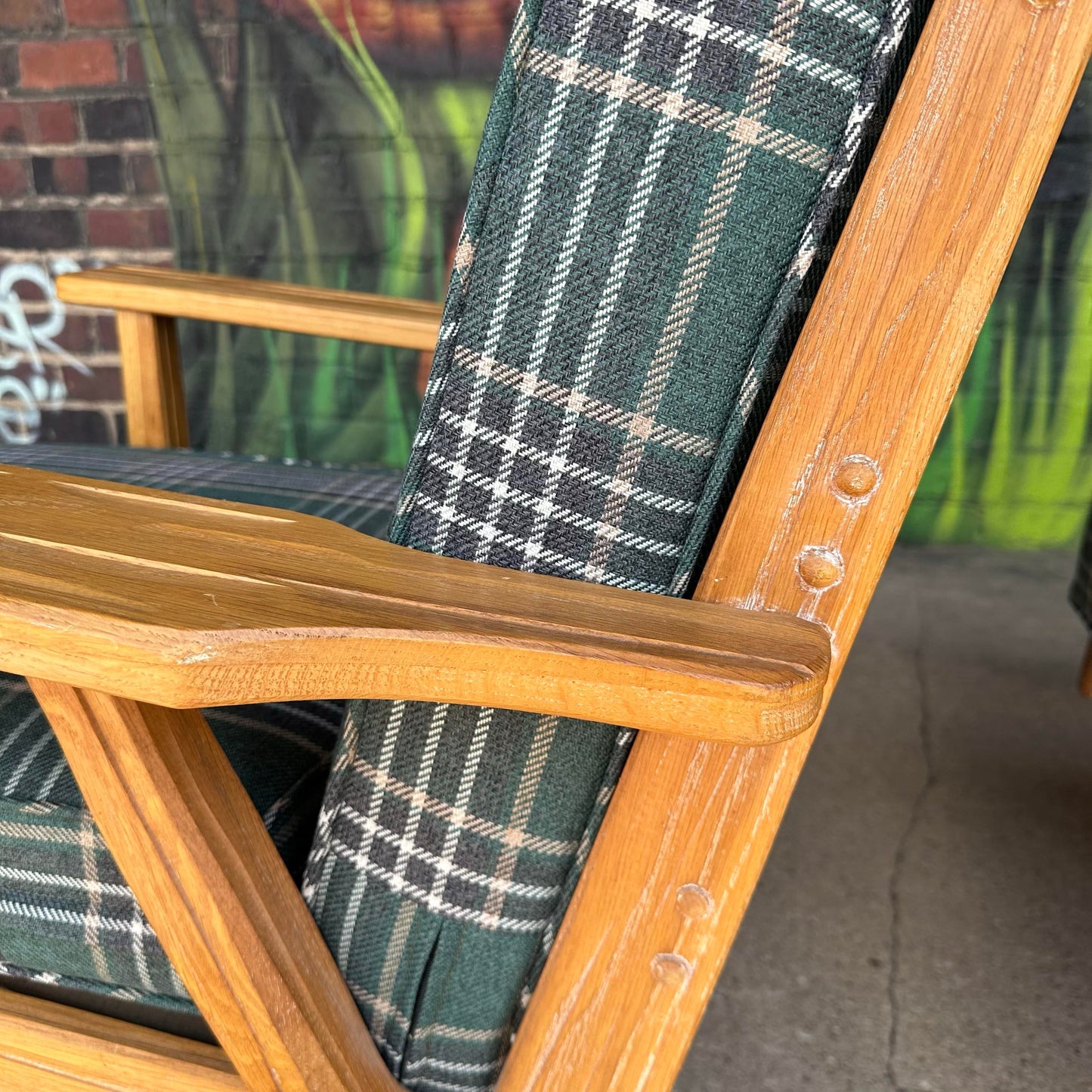 Pair of Ranch Oak Lounge Chairs Reupholstered in Plaid From Pindler