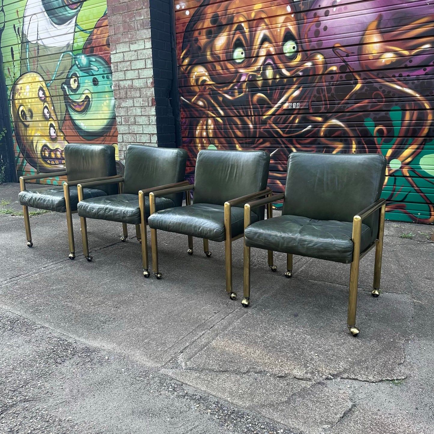Set of 4 Tubular Brass and Leather Chairs on Wheels