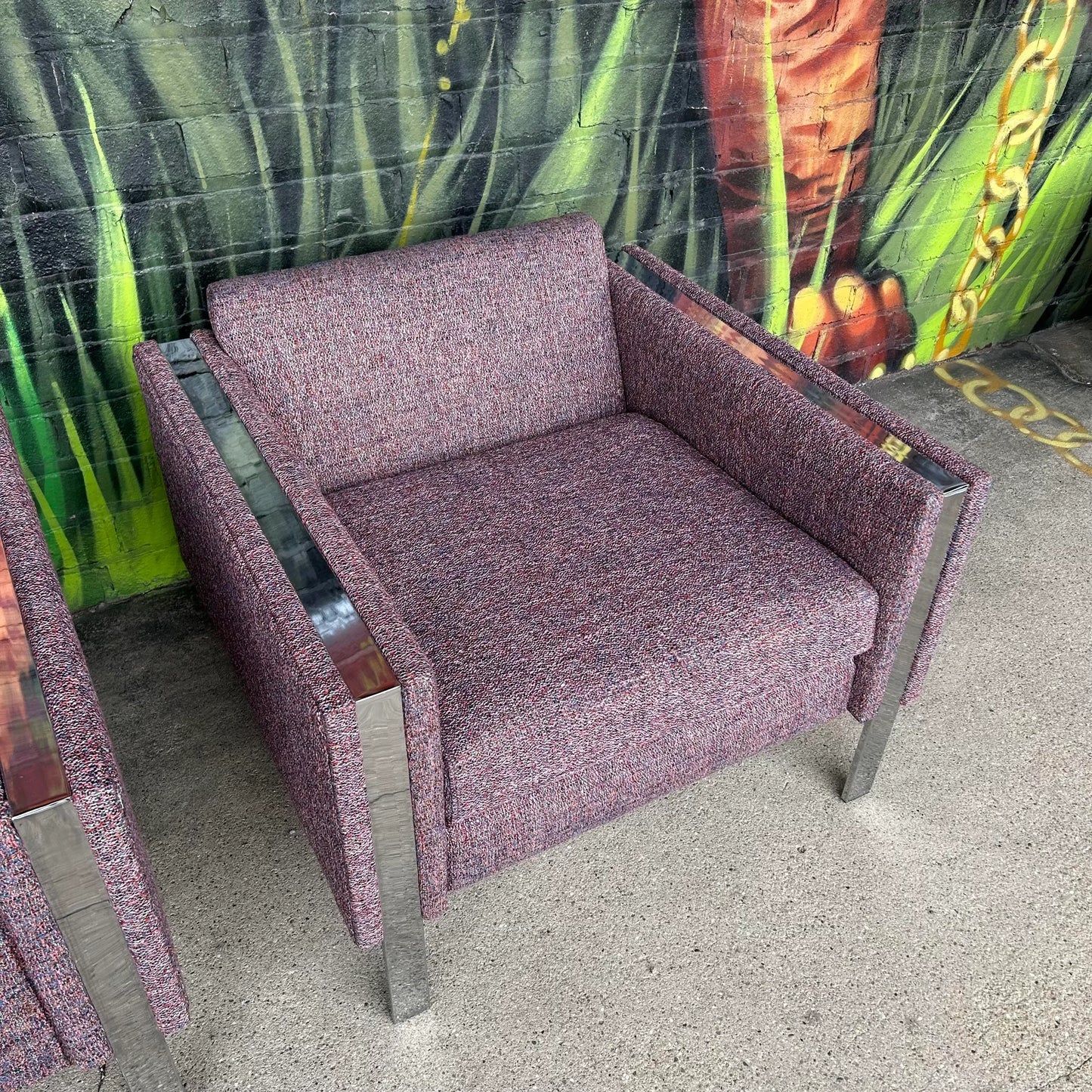 Pair of Chrome Cube Club Chairs Newly Upholstered in a Great Multi Color Texture Fabric