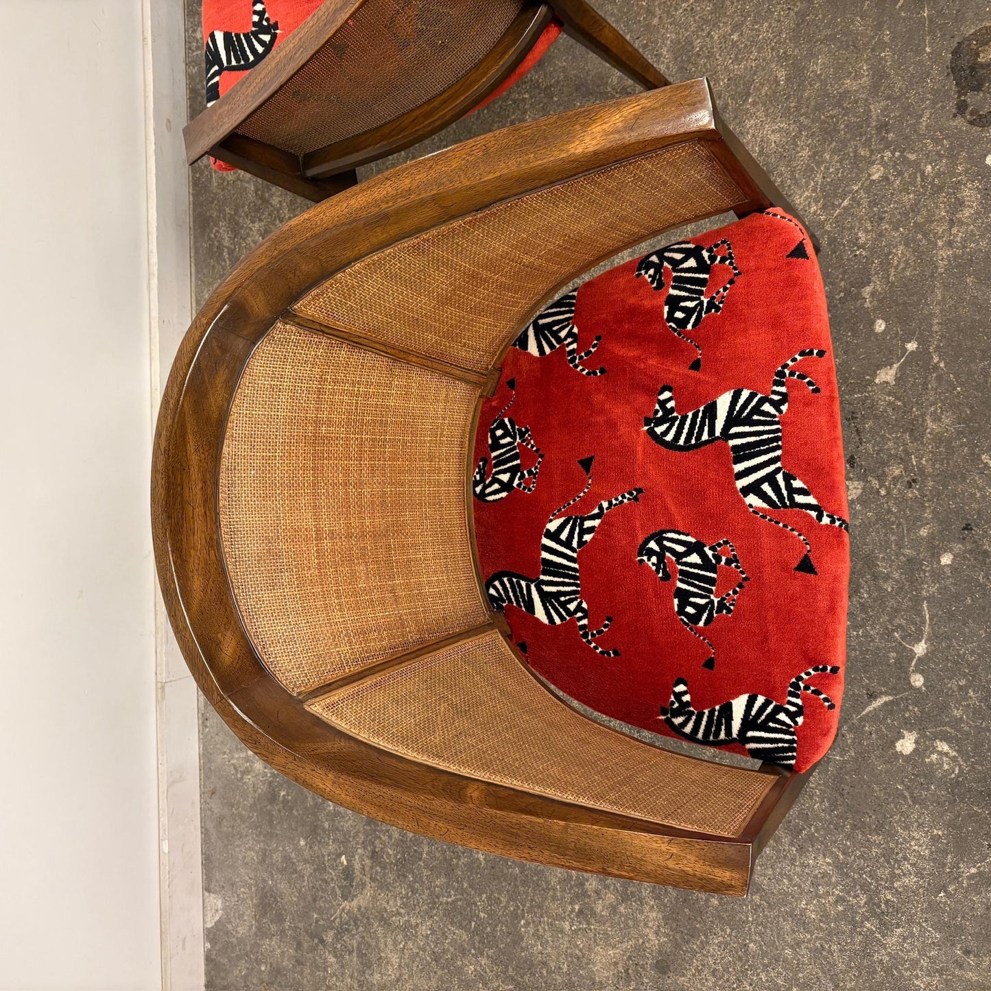 Pair of Mid-Century Caned Back Barrel Club Chairs Attributed to Directional Zebra