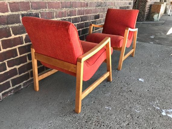 1960s Mid-Century Modern Jens Risom Orange Upholstered Armchairs - a Pair