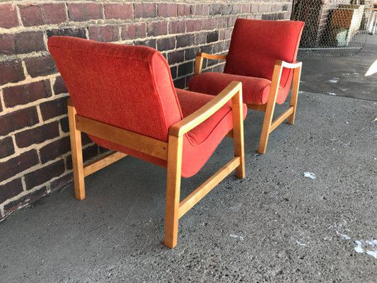 1960s Mid-Century Modern Jens Risom Orange Upholstered Armchairs - a Pair