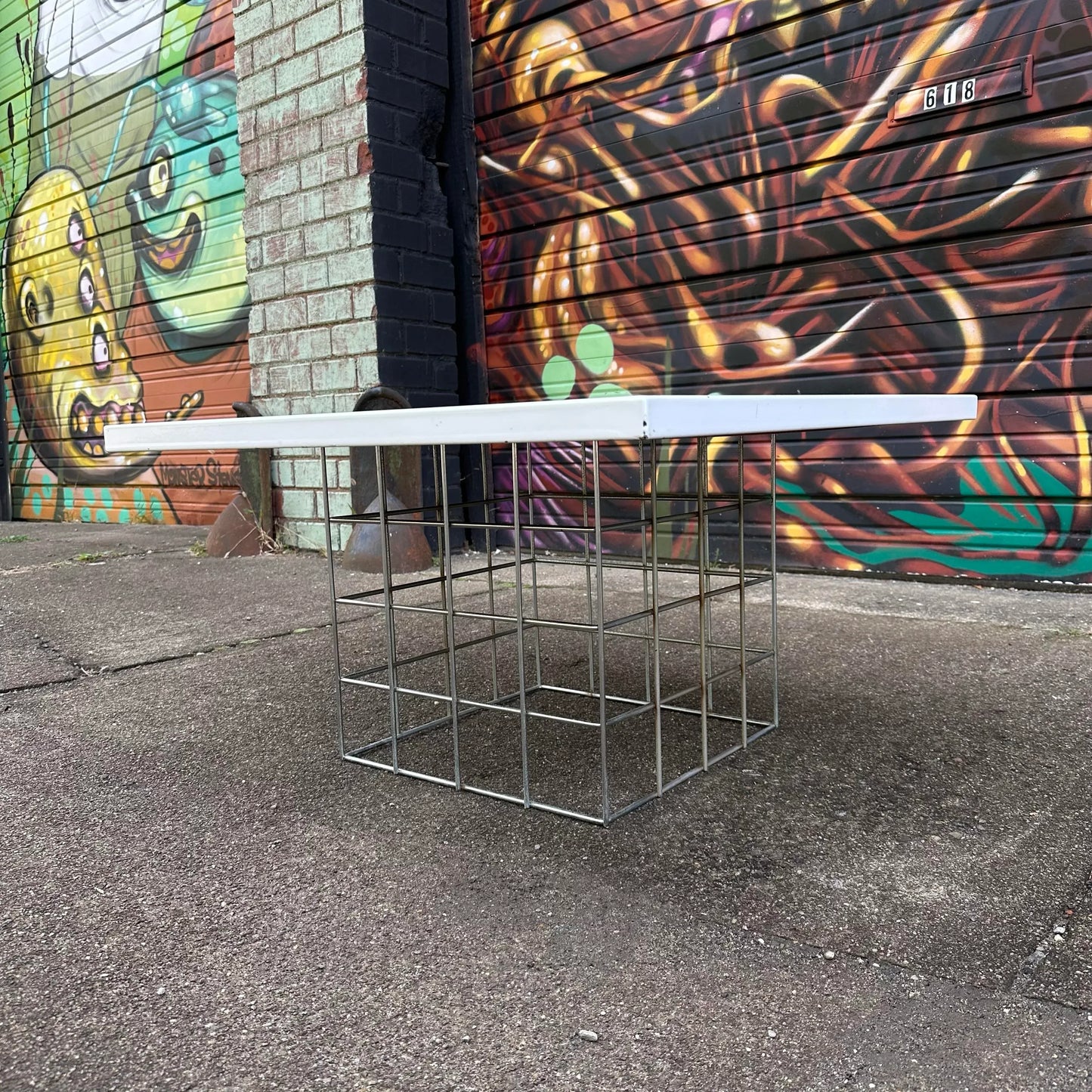 Amazing Geometric Enamel Top With Chrome Wire Bottom Side Table Alexander Girard