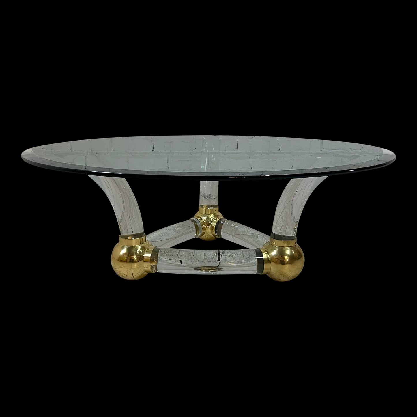 Karl Springer Style Post Modern Circular Glass Coffee Table Lucite and Brass