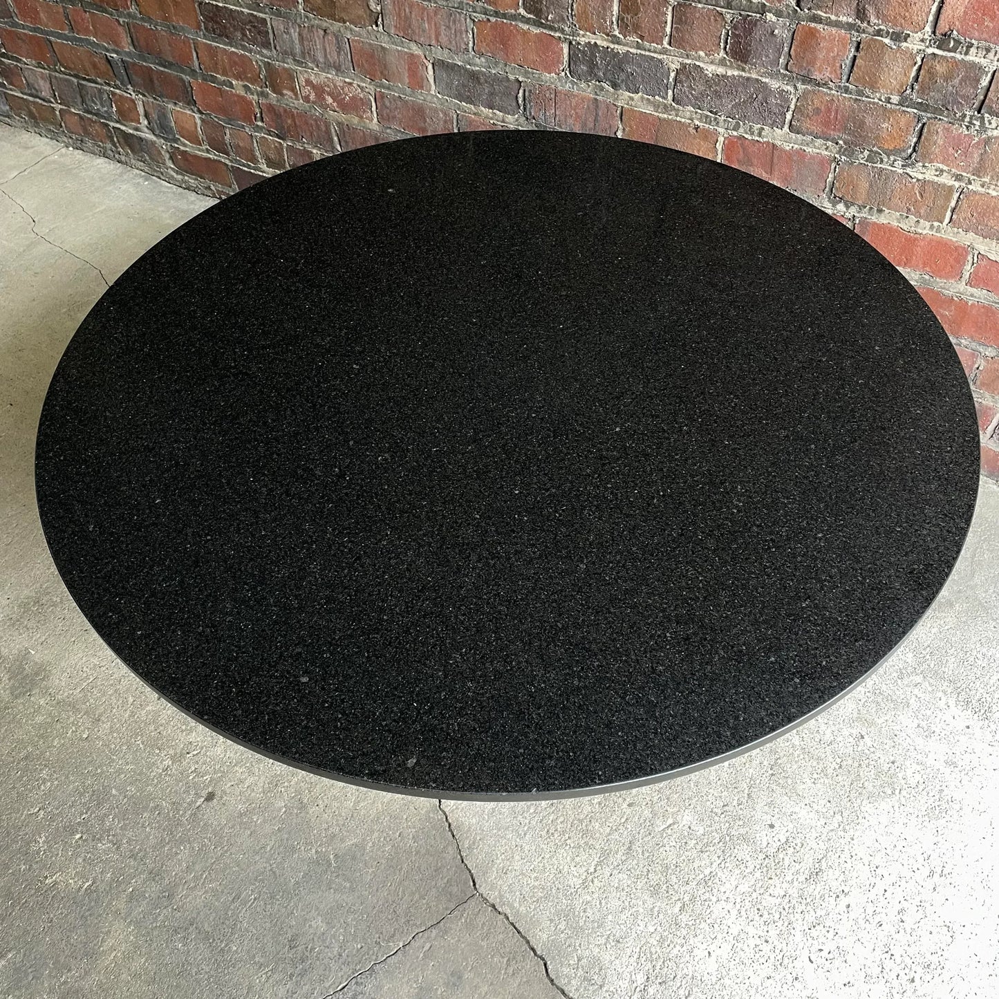 1980s Black Round Stone Table Top With Red Strips on Black Laminate Base Round