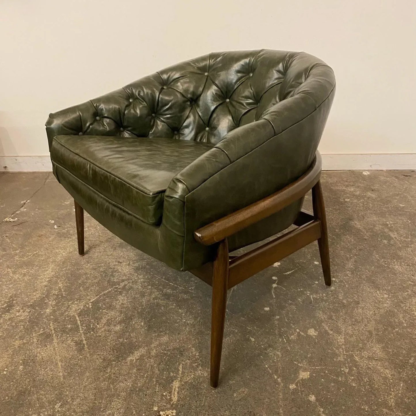 Mid Century Modern Milo Baughman Style Reupholstered Leather Barrel Back Chair. Green