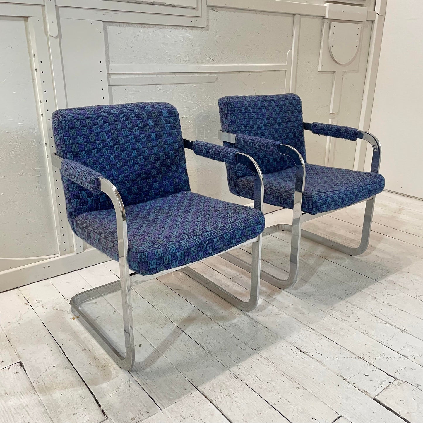 Mid 20th Century Milo Baughman Chrome and Blue Chairs - a Pair
