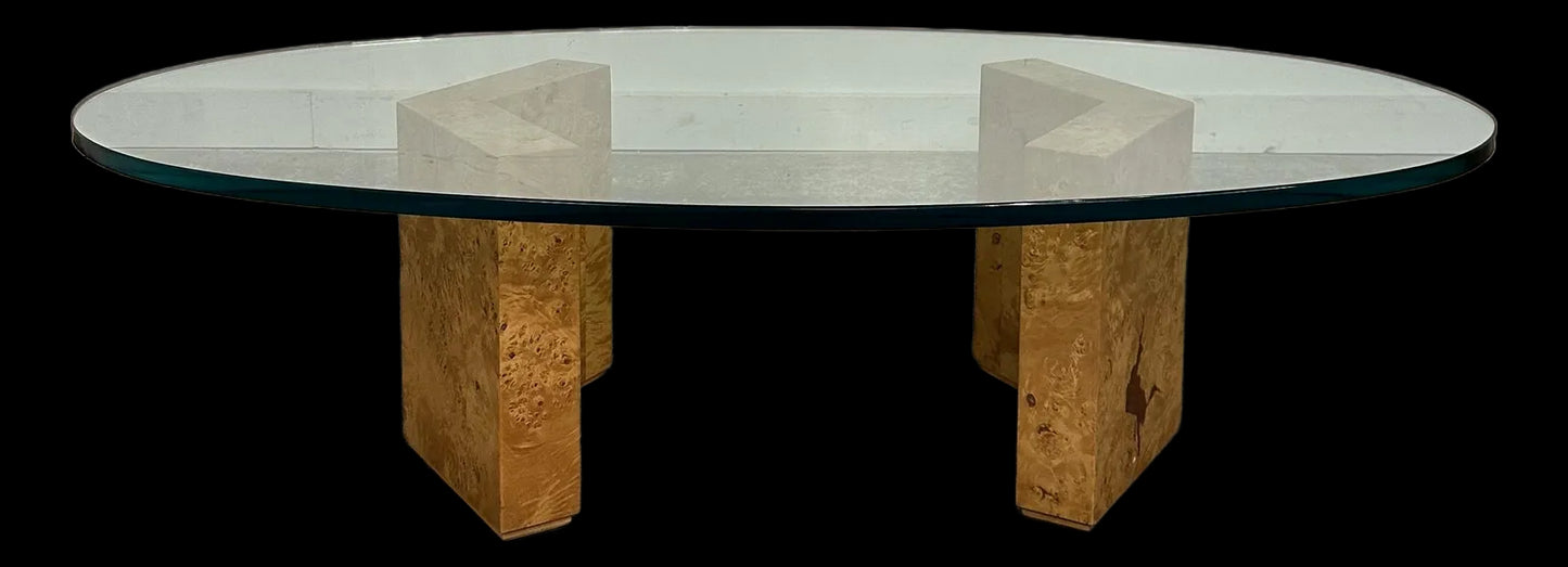 Baughman Style Burl Wood and Glass Oval Coffee Table