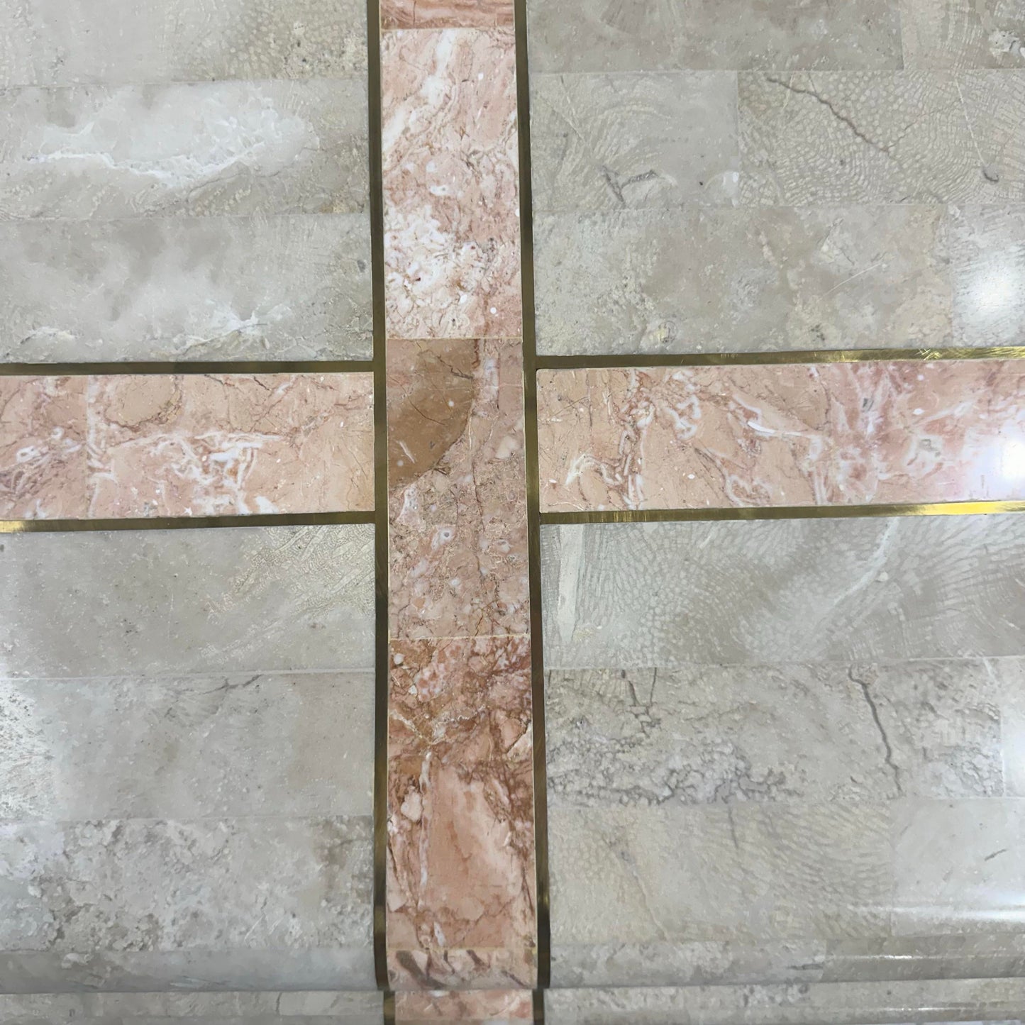 Maitland Smith Tessellated Travertine Pink Marble and Brass Square Coffee Table