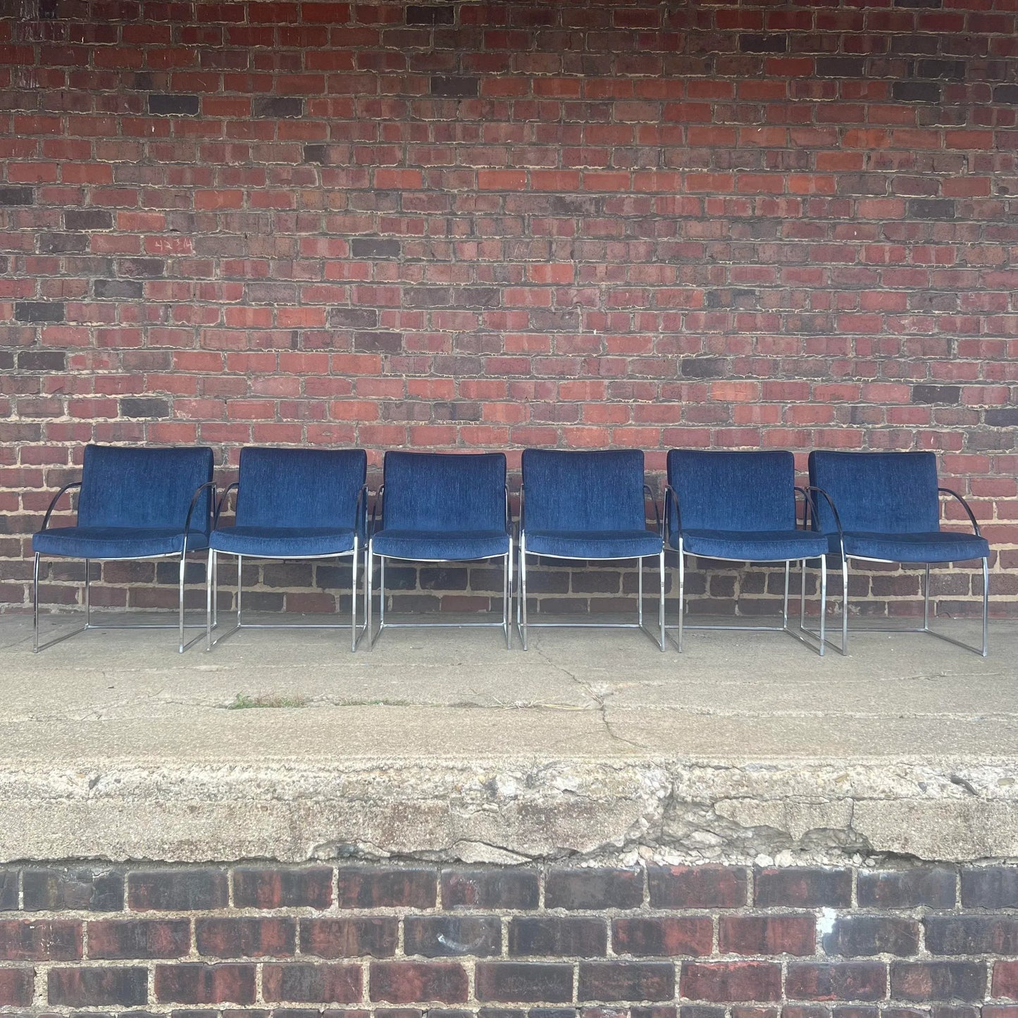 Milo Baughman Thayer Coggin Chrome Dining Chairs Recovered in a Blue Sparkly Fabric.