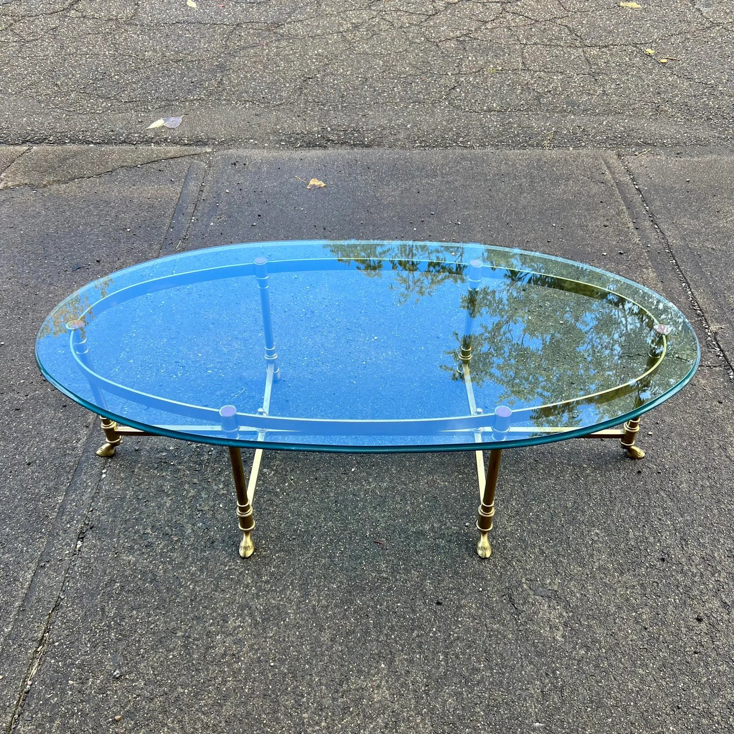 Large Racetrack Labarge Glass and Brass Oval Coffee Table