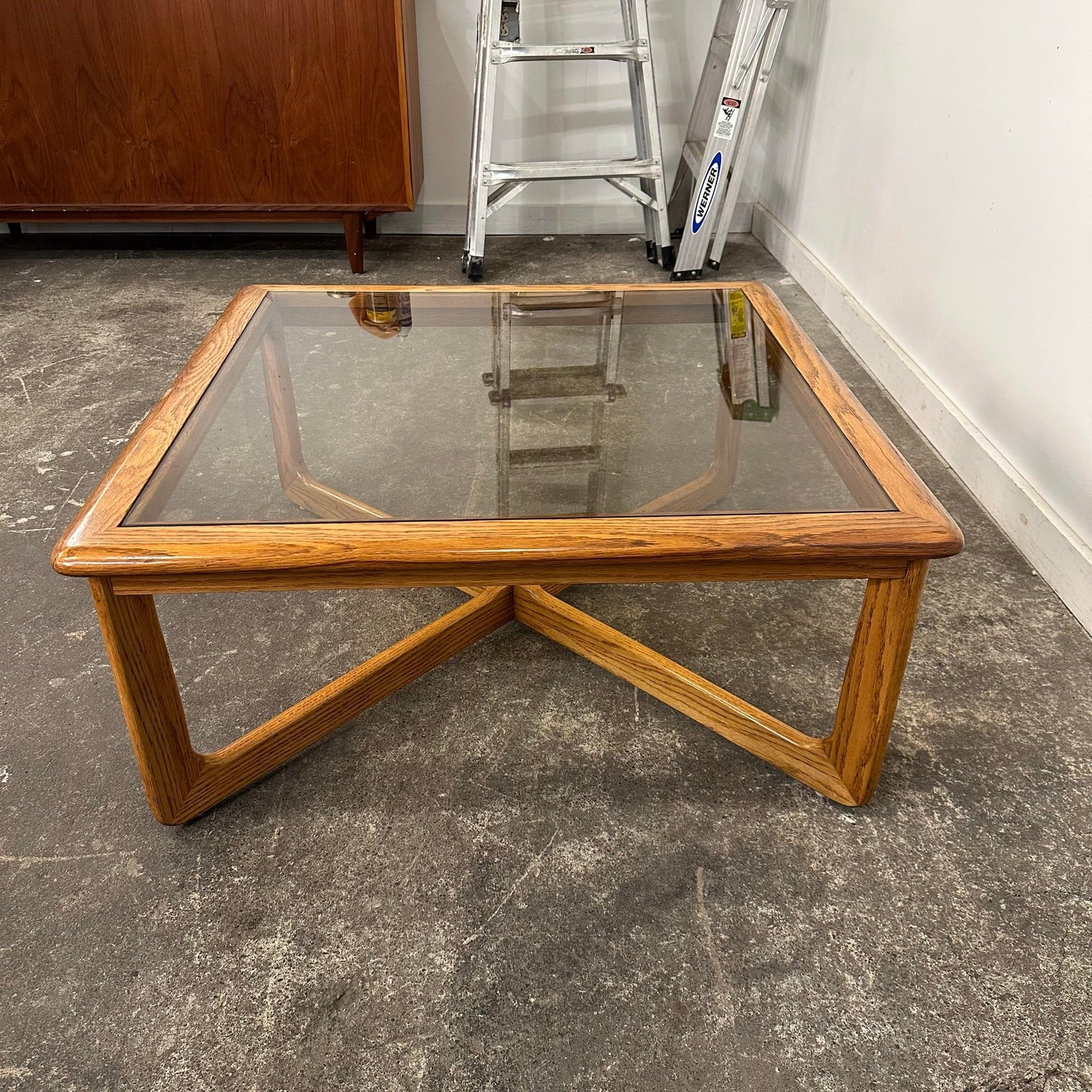 Mid Century Modern Lane Perception Smoked Glass Top and Oak Coffee Table