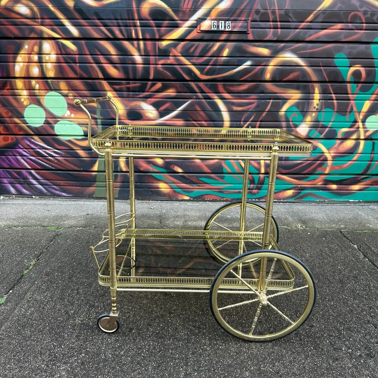 Maison Jansen Style Two Tiered Brass Bar Cart Hollywood Regency