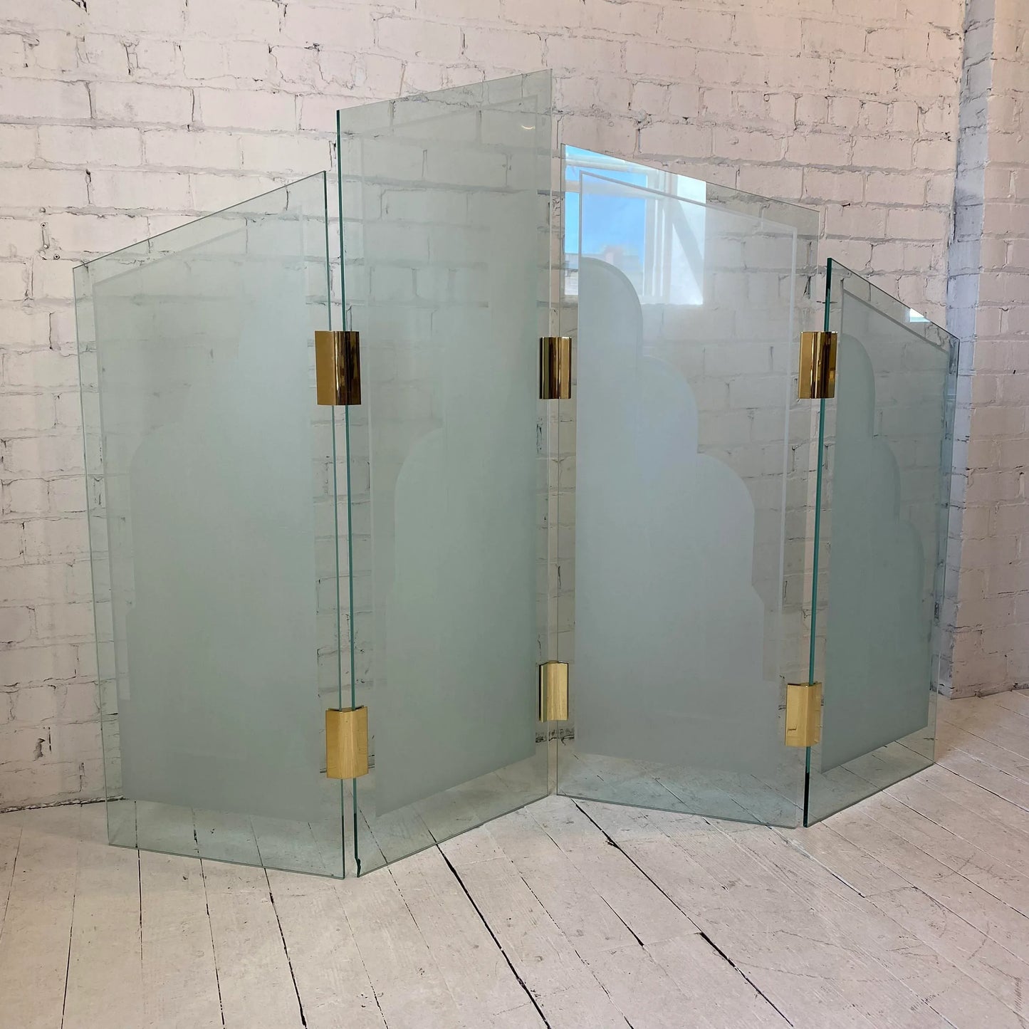 1970s Art Deco Style Glass Divider Sandblasted Glass With Brass Hardware