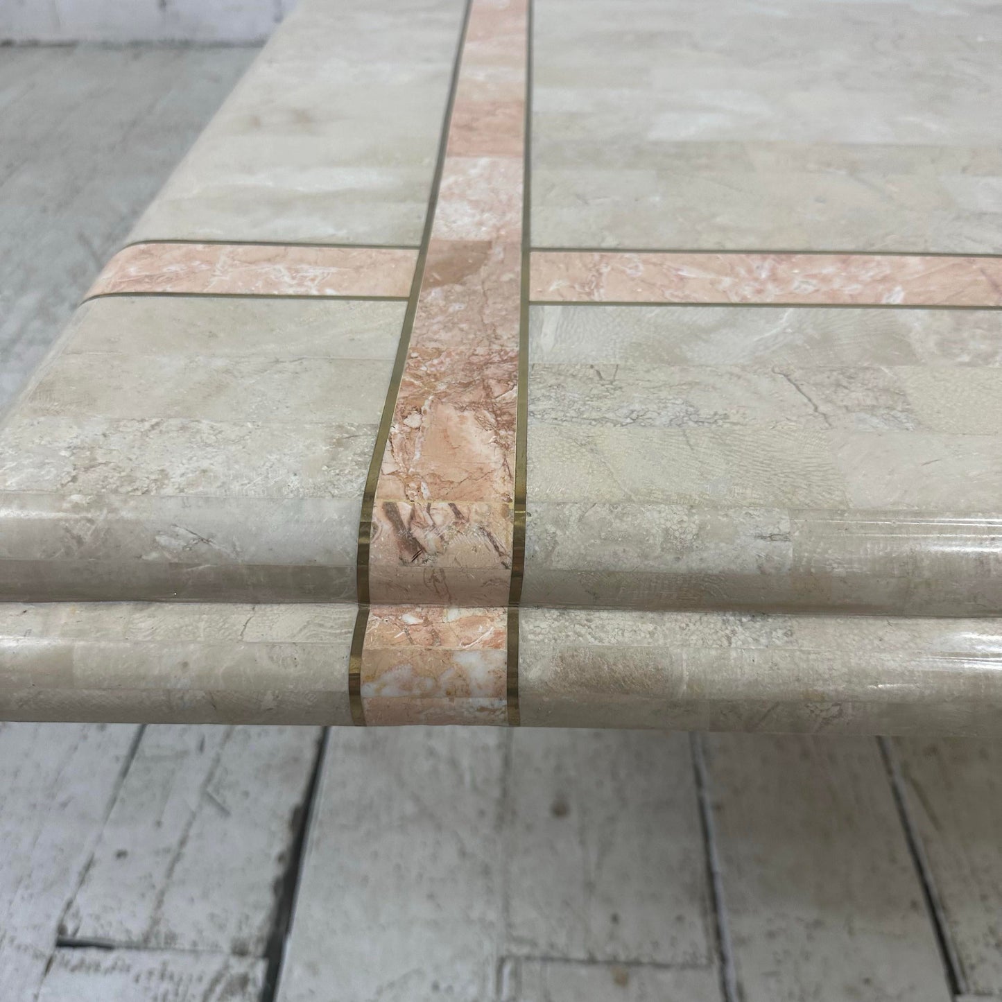 Maitland Smith Tessellated Travertine Pink Marble and Brass Square Coffee Table