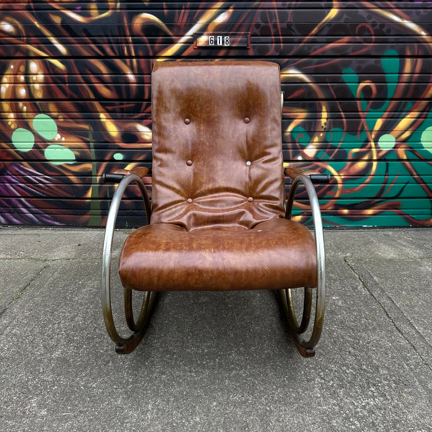 Mid 20th Century Lee Woodard Sculptural Brass and Wood Rocking Chair