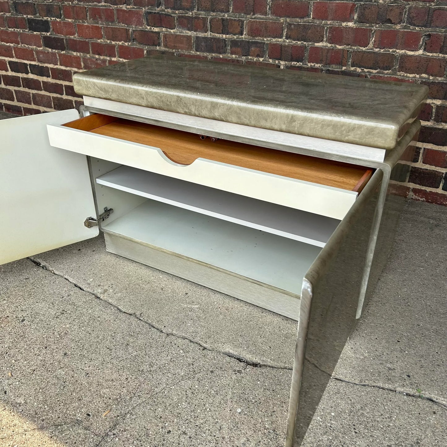 Faux Marble and Brushed Stainless Small Credenza Server Cabinet Post Modern 1980’s Karl Springer Style
