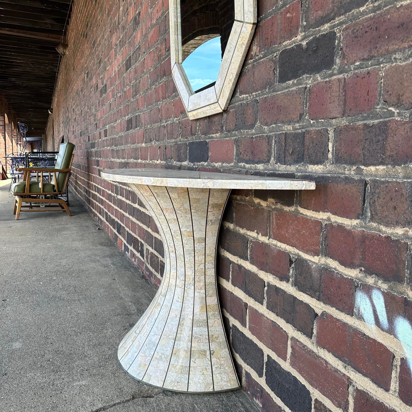 Post-Modern Travertine Vanity and Mirror Set Console Table Maitland Smith