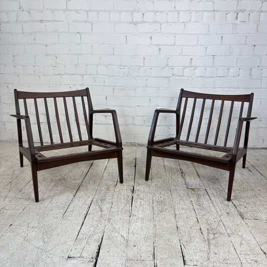 Pair of Mid Century Danish Modern Ib Kofod Larsen for Selig Walnut Lounge Chairs