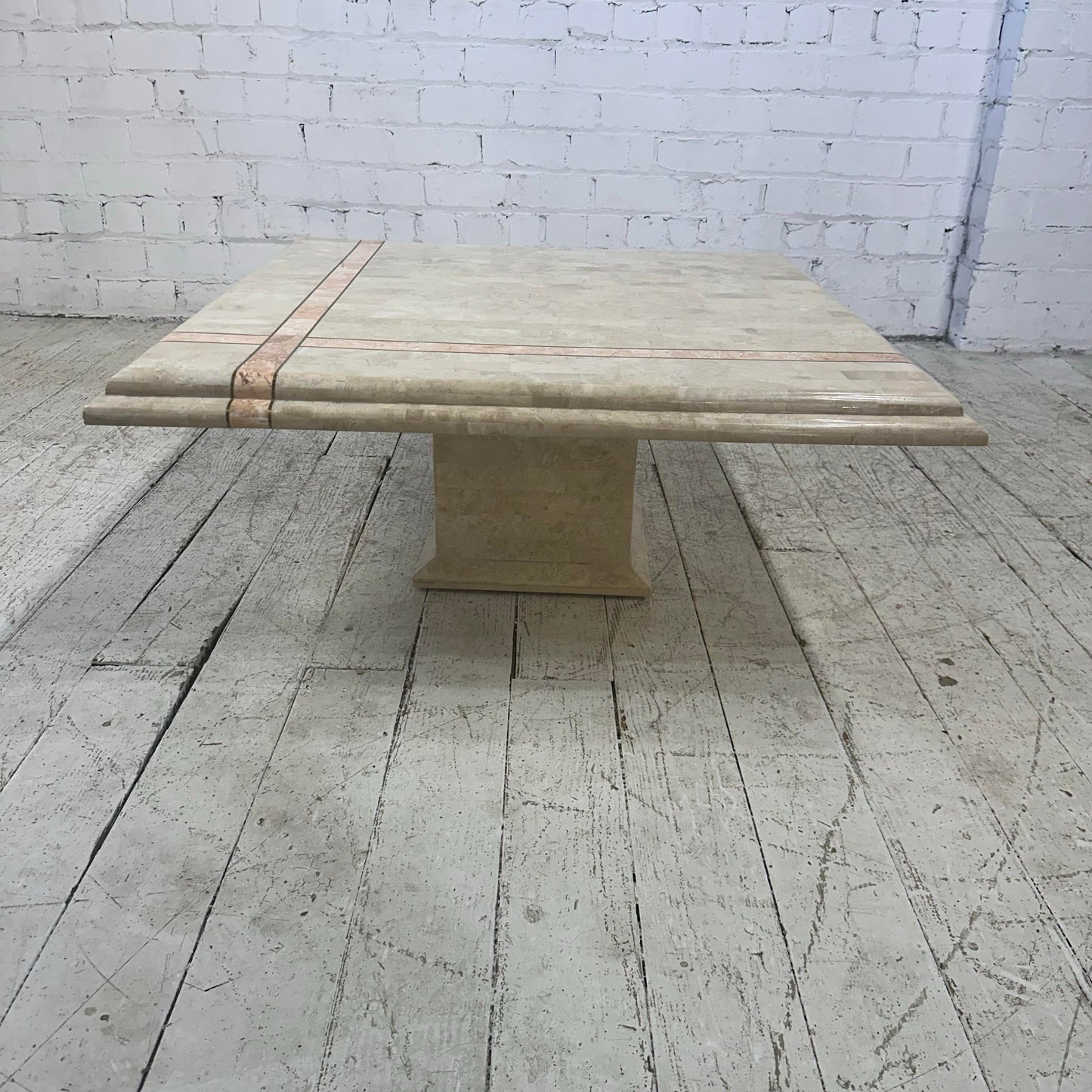 Maitland Smith Tessellated Travertine Pink Marble and Brass Square Coffee Table