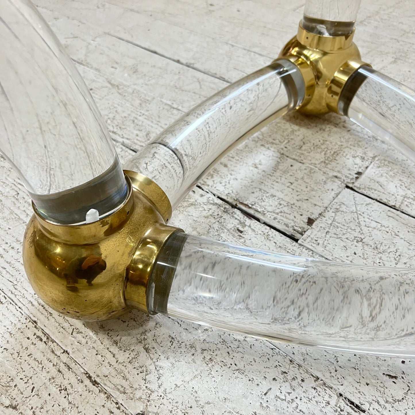 Karl Springer Style Post Modern Circular Glass Coffee Table Lucite and Brass